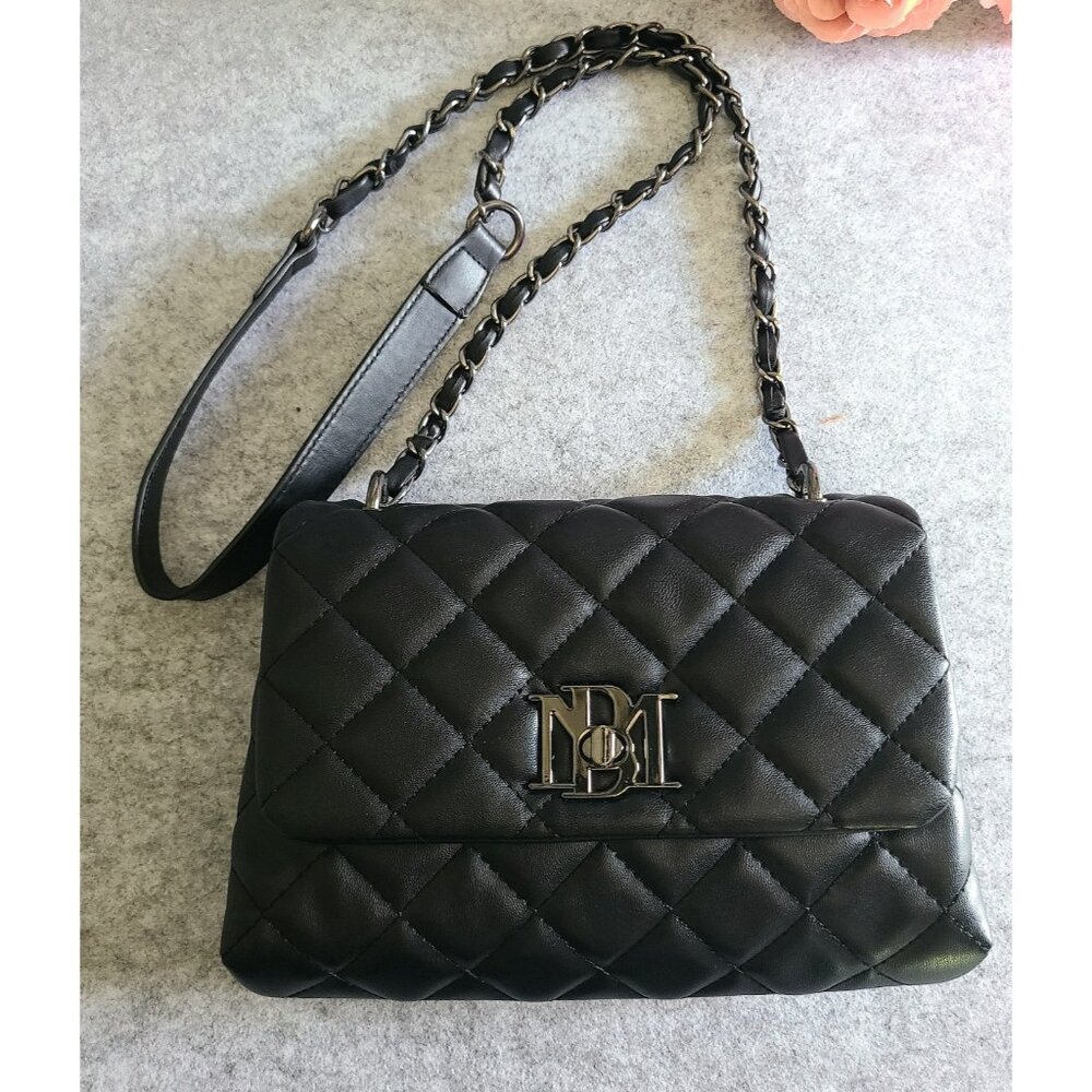 NWOT Badgley Mischka Logo Turn Lock Closure Black Quilted Vegan Leather Bag